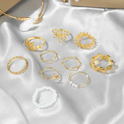 Pearl Golden Leaf Floral Vintage Knuckle Rings (10 Pcs)